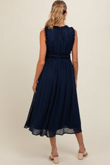 Navy Blue Chiffon Ruched Lettuce Edge Ruffle Maternity Midi Dress