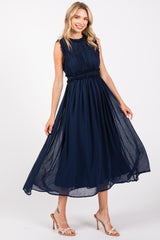 Navy Blue Chiffon Ruched Lettuce Edge Ruffle Maternity Midi Dress