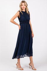 Navy Blue Chiffon Ruched Lettuce Edge Ruffle Midi Dress