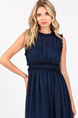 Navy Blue Chiffon Ruched Lettuce Edge Ruffle Midi Dress