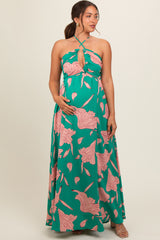 Green Floral Chiffon Front Ruched Halter Maternity Maxi Dress