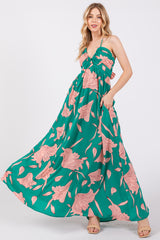 Green Floral Chiffon Front Ruched Halter Maternity Maxi Dress