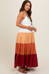 Peach V-Neck Tiered Color Block Maternity Midi Dress