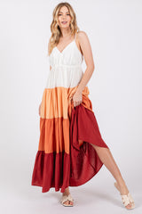 Peach V-Neck Tiered Color Block Midi Dress