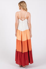 Peach V-Neck Tiered Color Block Midi Dress