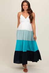 Aqua V-Neck Tiered Color Block Maternity Midi Dress