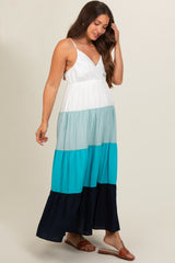 Aqua V-Neck Tiered Color Block Maternity Midi Dress