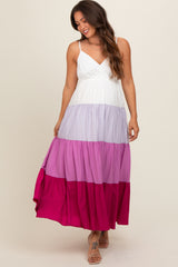 Magenta V-Neck Tiered Color Block Maternity Midi Dress