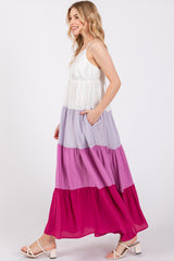 Magenta V-Neck Tiered Color Block Midi Dress