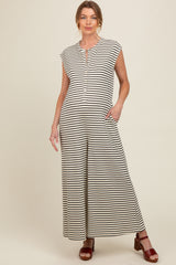 Black Striped Button Up Wide Leg Maternity Jumpsuit