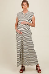 Black Striped Button Up Wide Leg Maternity Jumpsuit