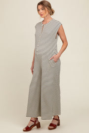 Black Striped Button Up Wide Leg Maternity Jumpsuit