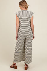 Black Striped Button Up Wide Leg Maternity Jumpsuit