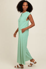 Green Striped Button Up Wide Leg Jumpsuit