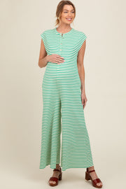 Green Striped Button Up Wide Leg Maternity Jumpsuit