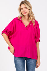 Fuchsia V-Neck Short Sleeve Top