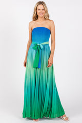 Blue Green Ombre Strapless Pleated Maternity Maxi Dress