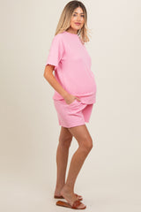 Pink Ribbed Short Sleeve Maternity Pajama Set