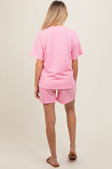 Pink Ribbed Short Sleeve Maternity Pajama Set