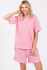 Pink Ribbed Short Sleeve Maternity Pajama Set