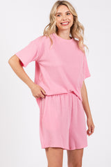 Pink Ribbed Short Sleeve Pajama Set