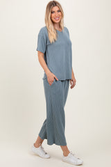 Dark Teal Ribbed Short Sleeve Top Pajama Set