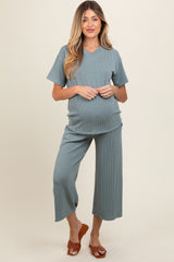 Dark Teal Ribbed Short Sleeve Top Maternity Pajama Set