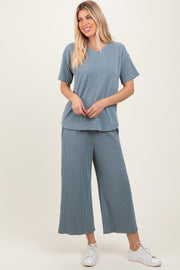 Dark Teal Ribbed Short Sleeve Top Pajama Set