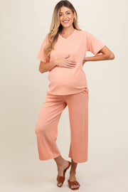 Peach Ribbed Short Sleeve Top Maternity Pajama Set