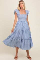 Blue Striped Smocked Ruffle Tiered Maternity Midi Dress