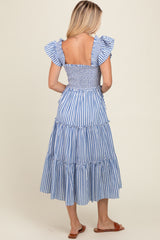 Blue Striped Smocked Ruffle Tiered Midi Dress