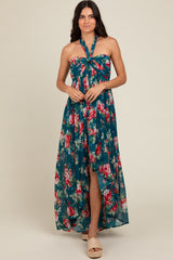 Teal Floral Halter Tie Back Hi-Lo Maternity Dress