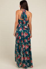 Teal Floral Halter Tie Back Hi-Lo Dress