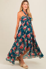 Teal Floral Halter Tie Back Hi-Lo Maternity Dress