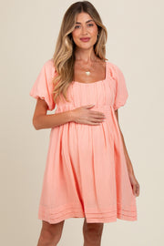 Peach Puff Sleeve Layered Hem Maternity Dress