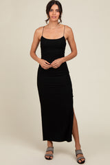 Black Ribbed Lace-Up Back Side Slit Maternity Midi Dress