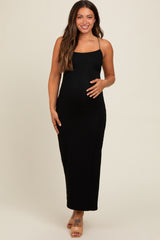 Black Ribbed Lace-Up Back Side Slit Maternity Midi Dress