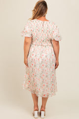 Cream Floral Smocked Puff Sleeve Maternity Plus Midi Dress