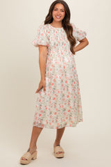 Cream Floral Smocked Puff Sleeve Maternity Midi Dress