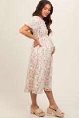 Cream Floral Smocked Puff Sleeve Maternity Midi Dress