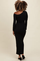 Black One Shoulder Long Sleeve Midi Dress