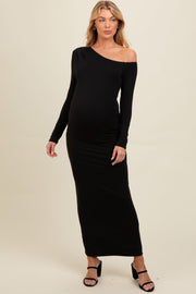 Black One Shoulder Long Sleeve Maternity Midi Dress