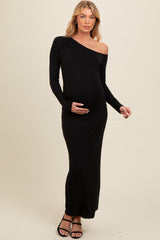 Black One Shoulder Long Sleeve Maternity Midi Dress