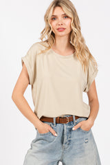 Taupe Rolled Cuff Sleeve Top