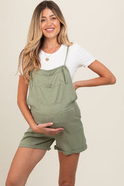 Light Olive Front Pocket Maternity Overall Shorts