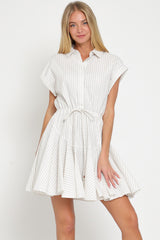 White Dolman Sleeve Button Down Tie Front Waisted Mini