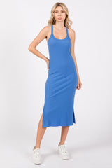 Blue Ribbed Racerback Maternity Midi Dress