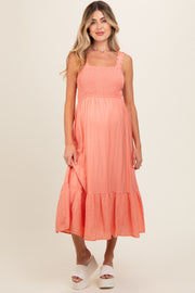 Coral Smocked Bodice Maternity Maxi Dress