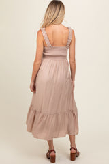 Taupe Smocked Bodice Maternity Maxi Dress