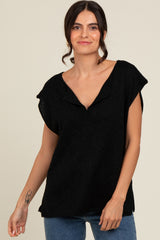 Black Two Tone Split V-Neck Dolman Short Sleeve Top